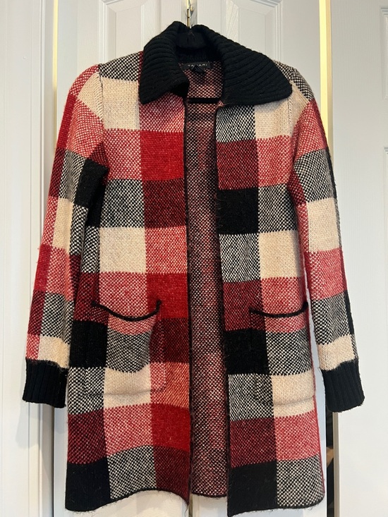 Tahari Sweaters - Tahari Red Black Cream Plaid Open Cardigan